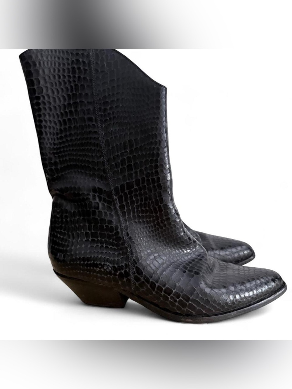 Vintage Black Snake-Embossed Mid-Calf Western Boots